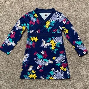 Tea Collection Printed Wrap Neck Navy Floral Butterfly Cotton Dress Size 4
